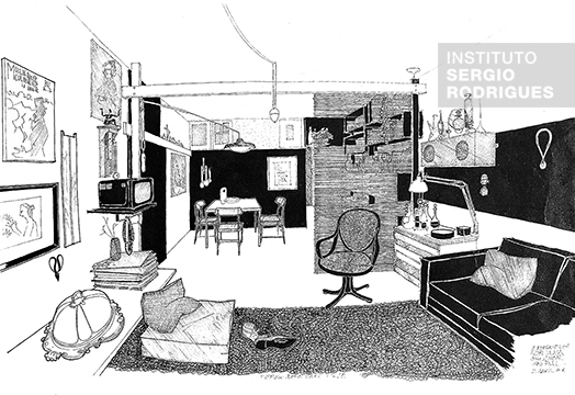 Drawing by Sergio Rodrigues of his apartment at Rua Visconde de Pirajá, in 1956, created for the article titled 