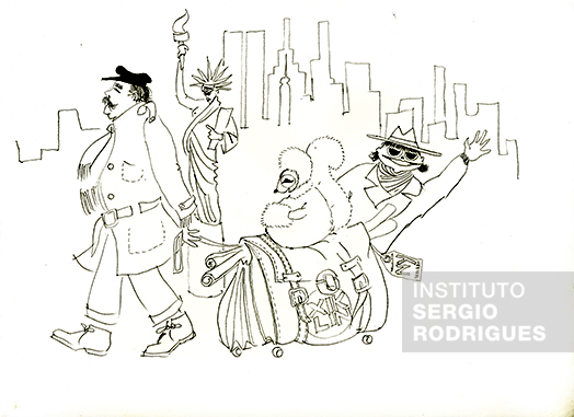 Illustration by Sergio Rodrigues about a trip to New York with Kilin – Character idealized by Sergio to represent his wife Vera Beatriz – and daughter Verônica Rodrigues.