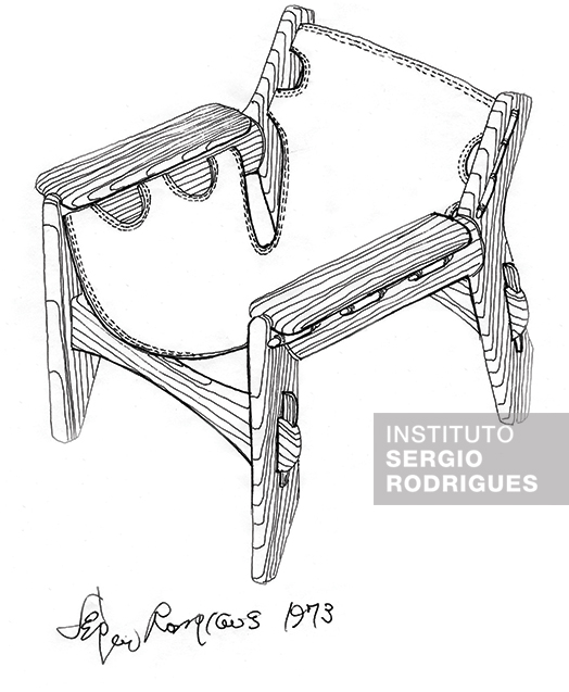 Croqui da poltrona Leve Kilin estruturada em madeira de lei maciça, e em couro, lona preta ou atanato, criada por Sergio Rodrigues em 1973, em homenagem à Vera Beatriz, sua esposa.