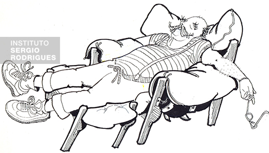 Caricature of Sergio Rodrigues in the Mole armchair.