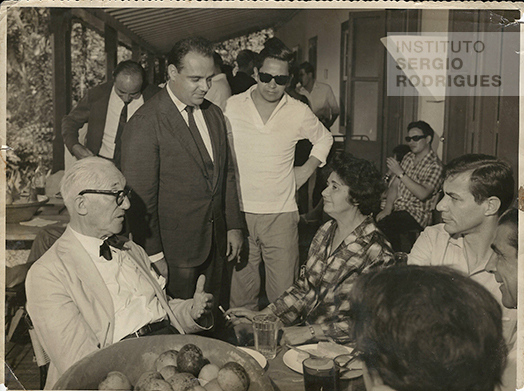 From left to right, Le Corbusier, Sergio Rodrigues, Jayme Mauricio, Carmem Portinho, and Harry Laus, at the Santo Antonio da Bica Farm (Currently Roberto Burle Marx Farm), Estr. Roberto Burle Marx, No. 2019 - Barra de Guaratiba, Rio de Janeiro, 1962.