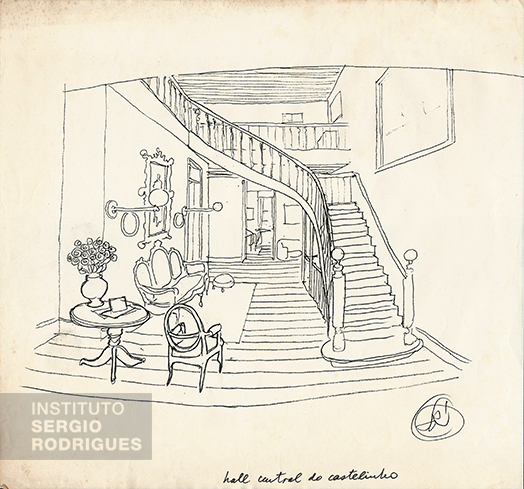 Drawing Sergio Rodrigues made from memory representing the skylight hall at Castelinho. at Praia do Flamengo, No. 72 - Rio de Janeiro.