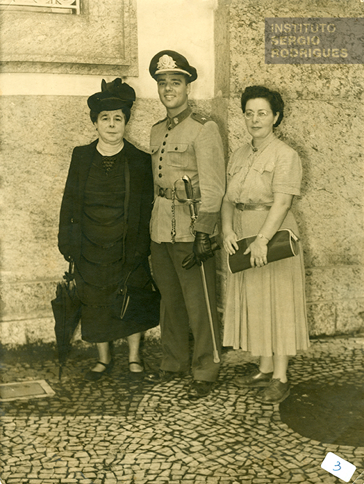 From left to right, Mrs. Stella (Sergio's grandmother), Sergio Rodrigues, and Mrs. Elsa (Sergio's mother), at the graduation at CPOR (the Reserve Officer Prep Center), at the Candelária Church, Rio de Janeiro, in 1949.