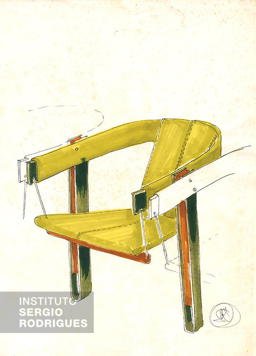 Sketch of the Candango armchair Sergio Rodrigues created, in 1962, for the Dois Candangos auditorium at the University of Brasilia (UNB).