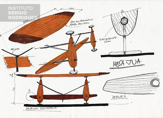 Croqui da mesa Juá criada por Sergio Rodrigues em 2004, estruturada em madeira de lei maciça, com tampo em formato ovalado.